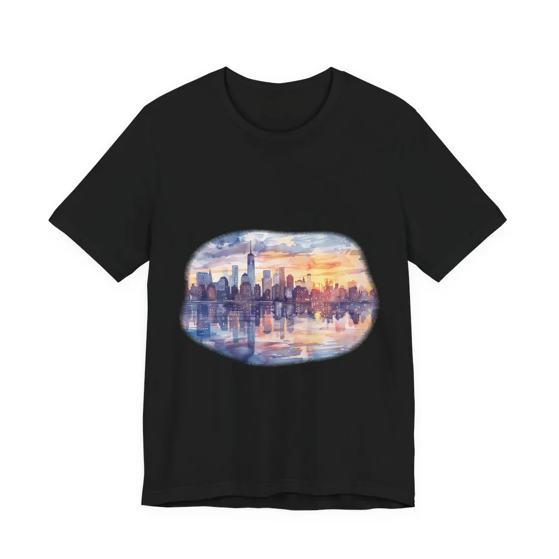 Watercolor New York City Sunset Skyline: Artistic NYC View - T-Shirt (Black)