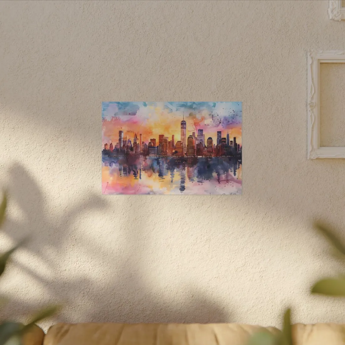 Watercolor NYC Sunset: City Skyline at Golden Hour - Canvas