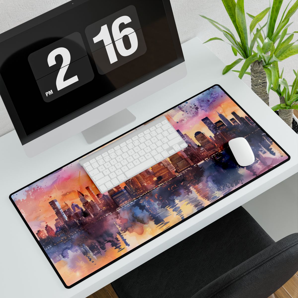 Watercolor NYC Sunset: City Skyline at Golden Hour - Desk Mat