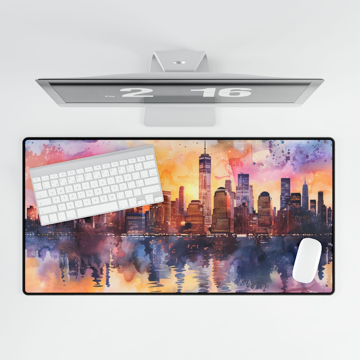 Watercolor NYC Sunset: City Skyline at Golden Hour - Desk Mat