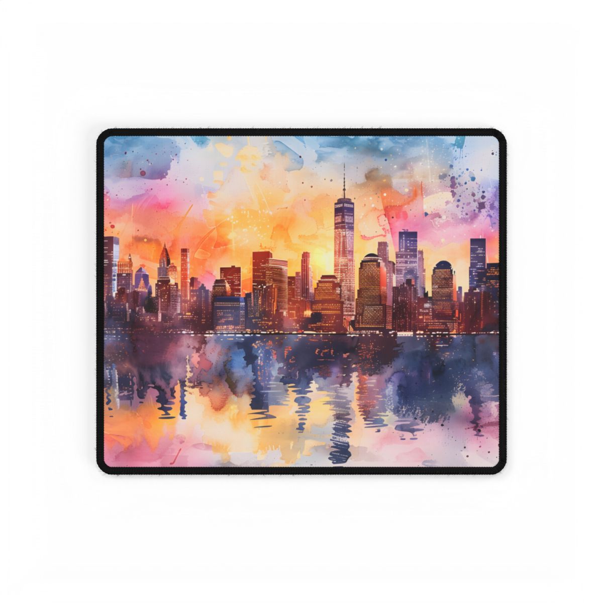 Watercolor NYC Sunset: City Skyline at Golden Hour - Desk Mat