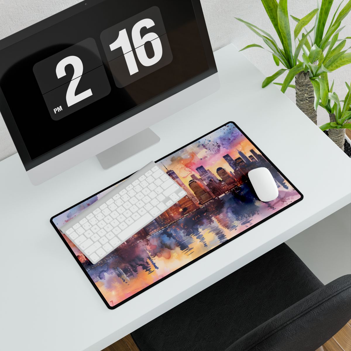 Watercolor NYC Sunset: City Skyline at Golden Hour - Desk Mat