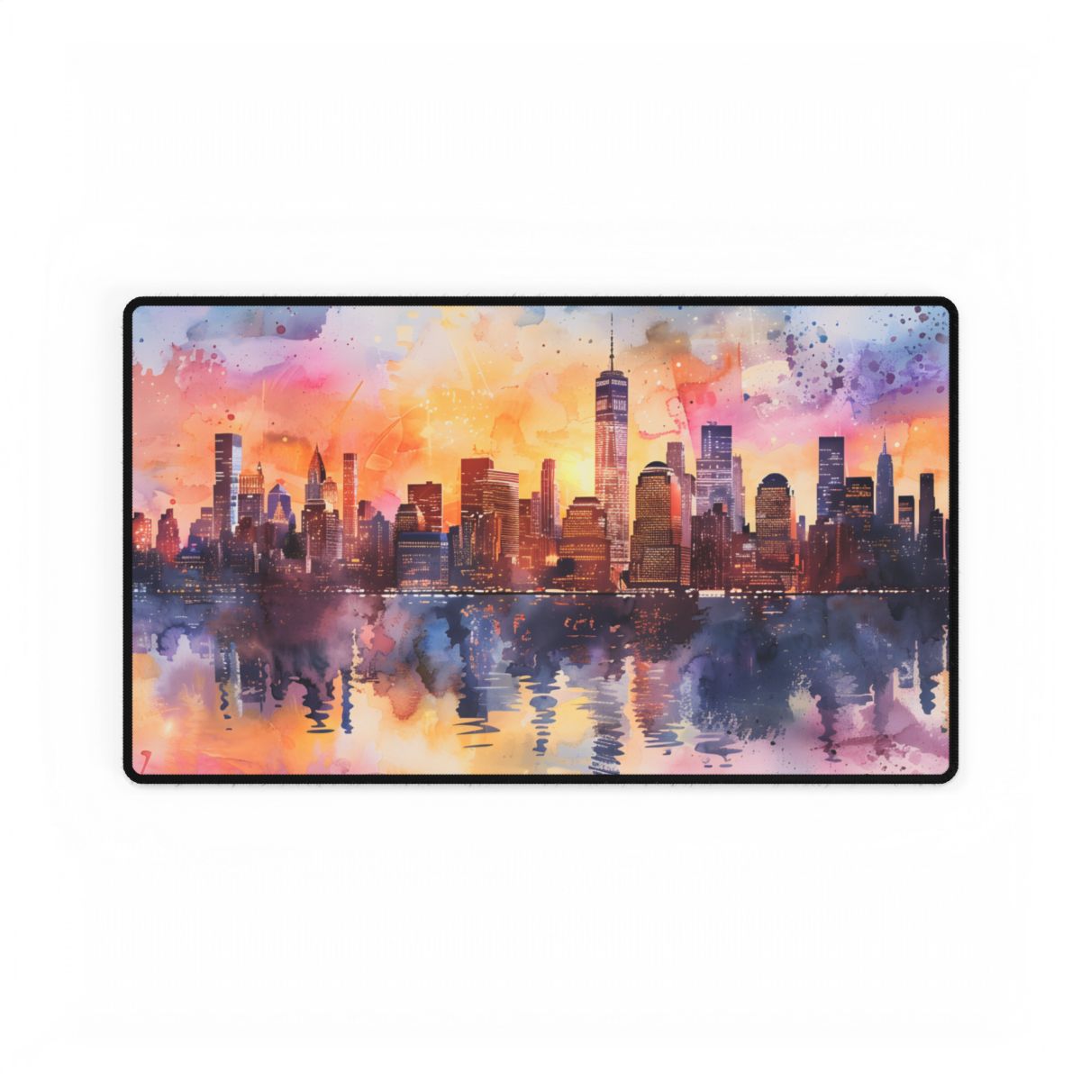 Watercolor NYC Sunset: City Skyline at Golden Hour - Desk Mat