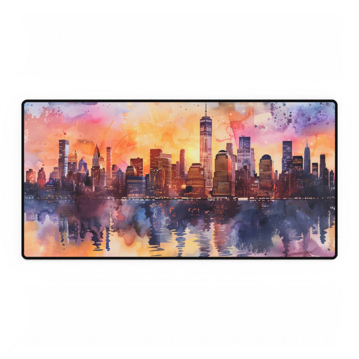 Watercolor NYC Sunset: City Skyline at Golden Hour - Desk Mat