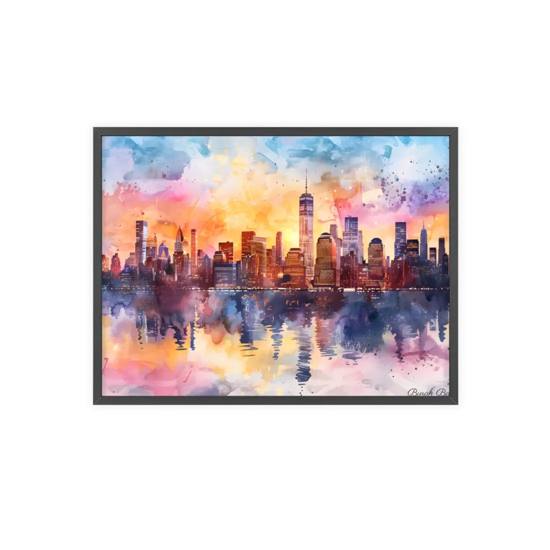 Watercolor NYC Sunset: City Skyline at Golden Hour - Framed Poster