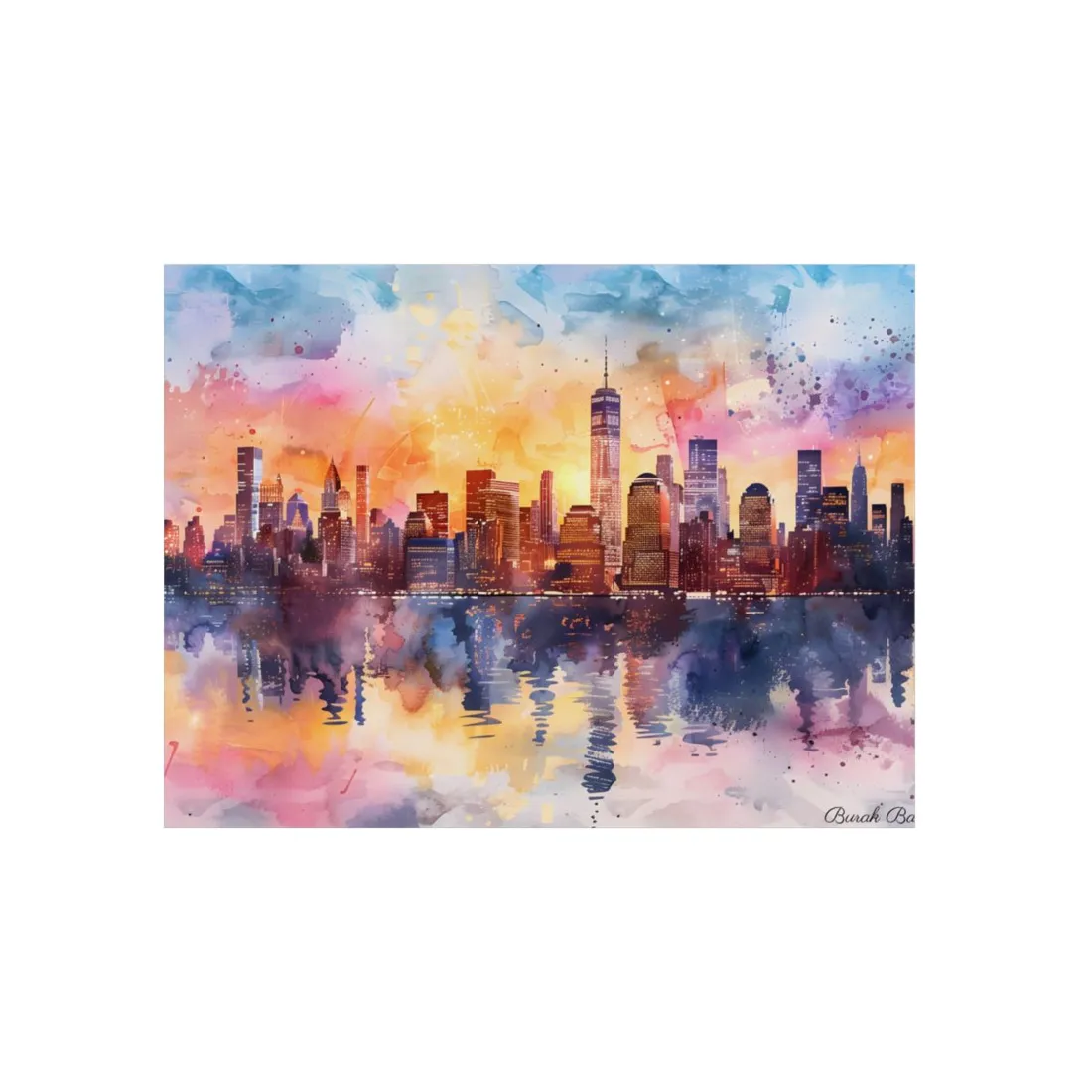 Watercolor NYC Sunset: City Skyline at Golden Hour - Metal Poster