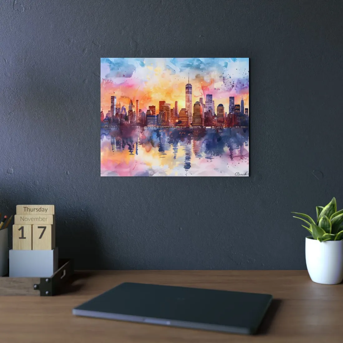 Watercolor NYC Sunset: City Skyline at Golden Hour - Metal Poster