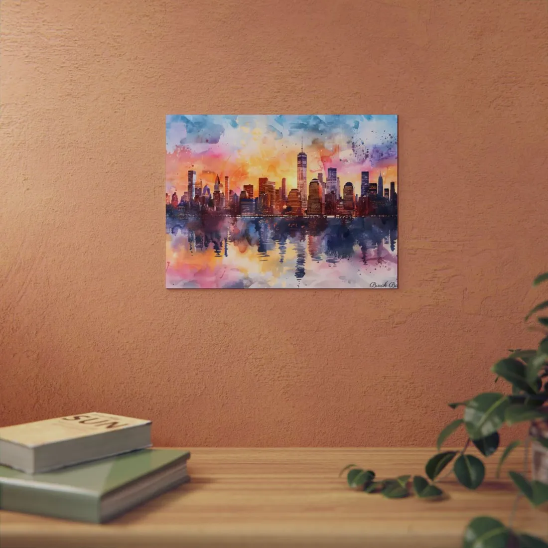 Watercolor NYC Sunset: City Skyline at Golden Hour - Metal Poster