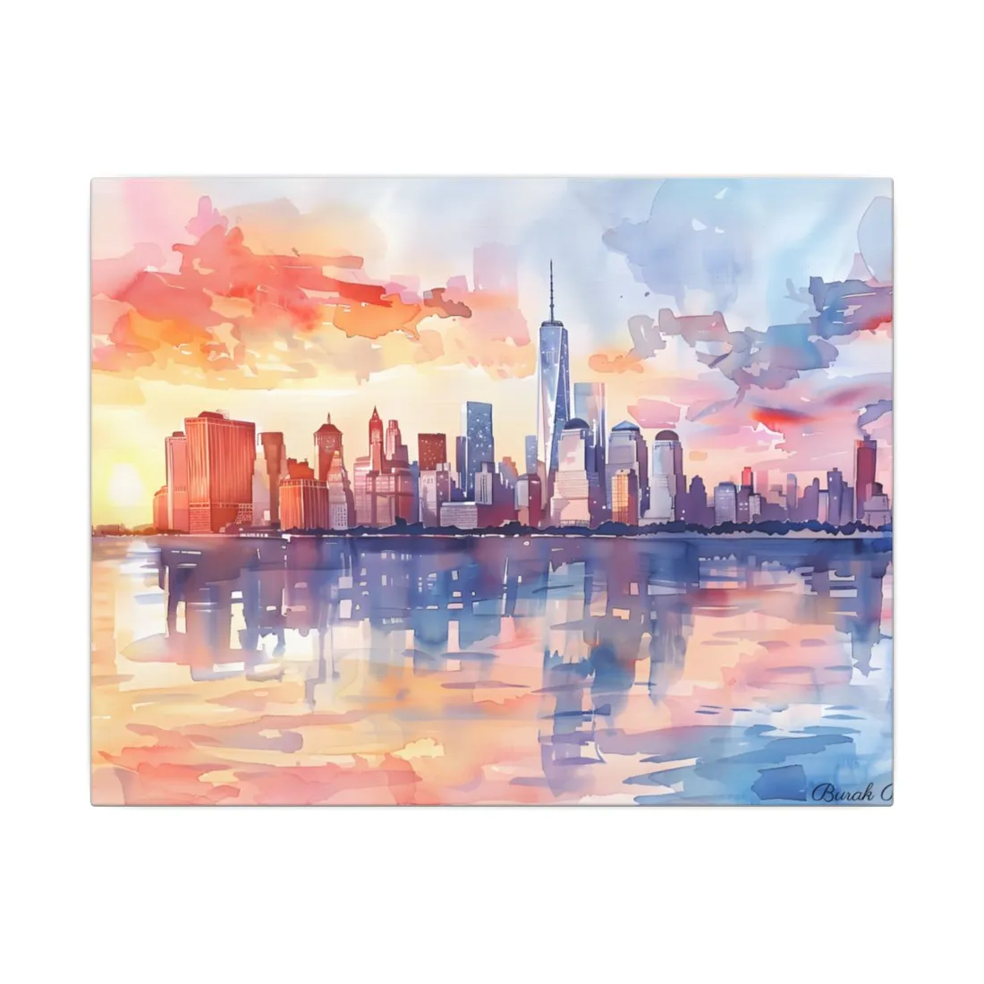 Watercolor NYC Sunset Skyline: Romantic Cityscape Art - Canvas
