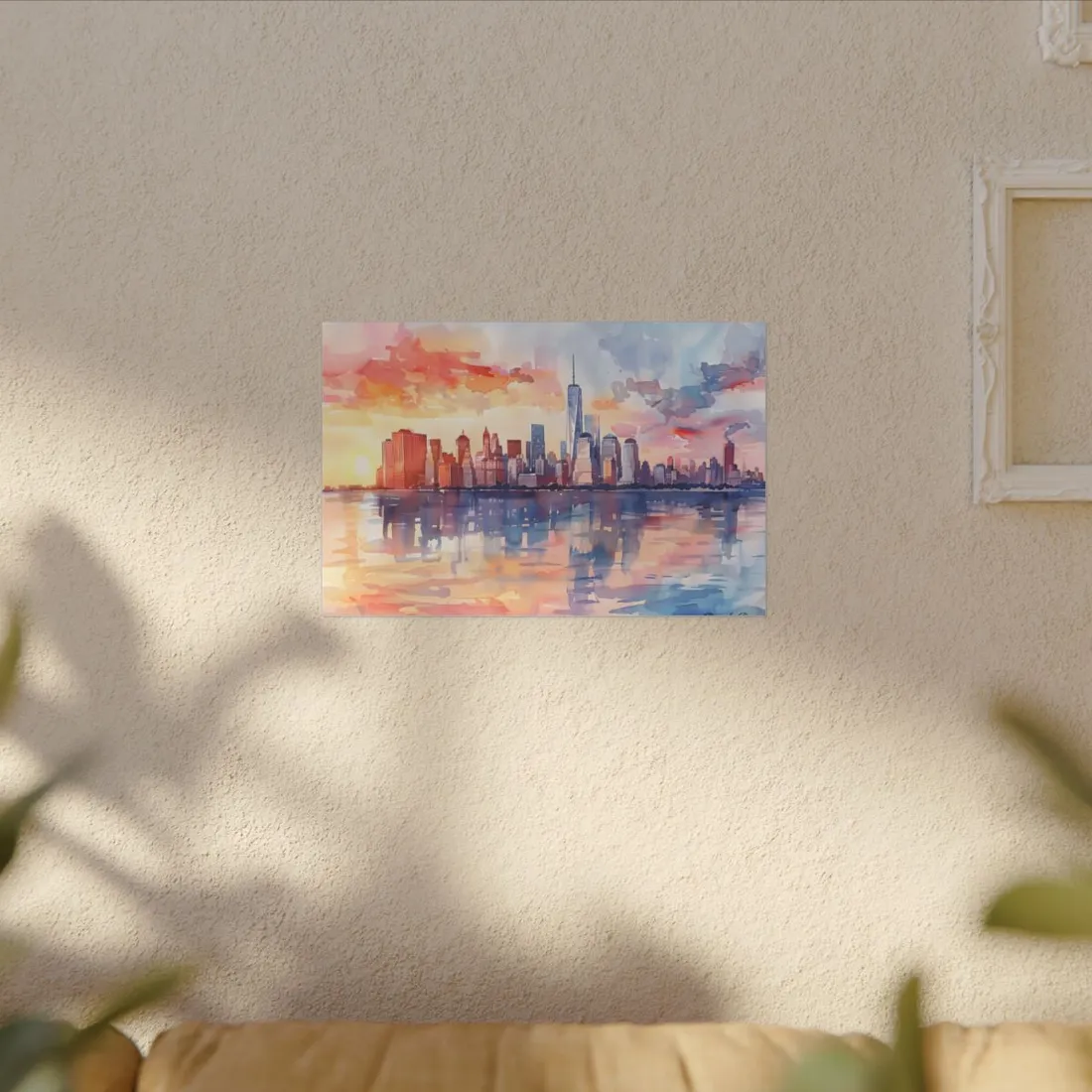 Watercolor NYC Sunset Skyline: Romantic Cityscape Art - Canvas