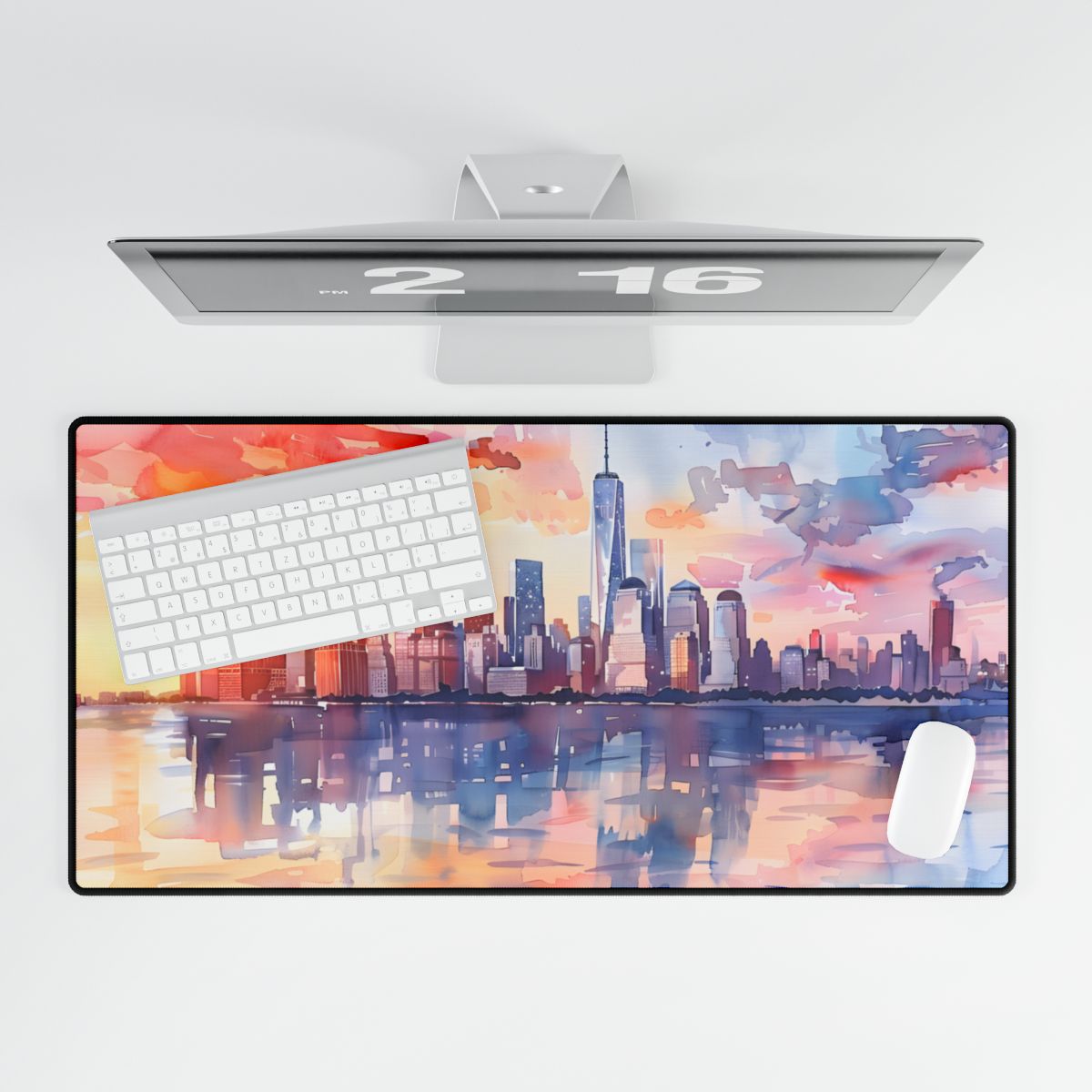 Watercolor NYC Sunset Skyline: Romantic Cityscape Art - Desk Mat