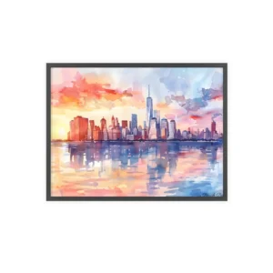 Watercolor Manhattan Skyline over Water Framed Poster