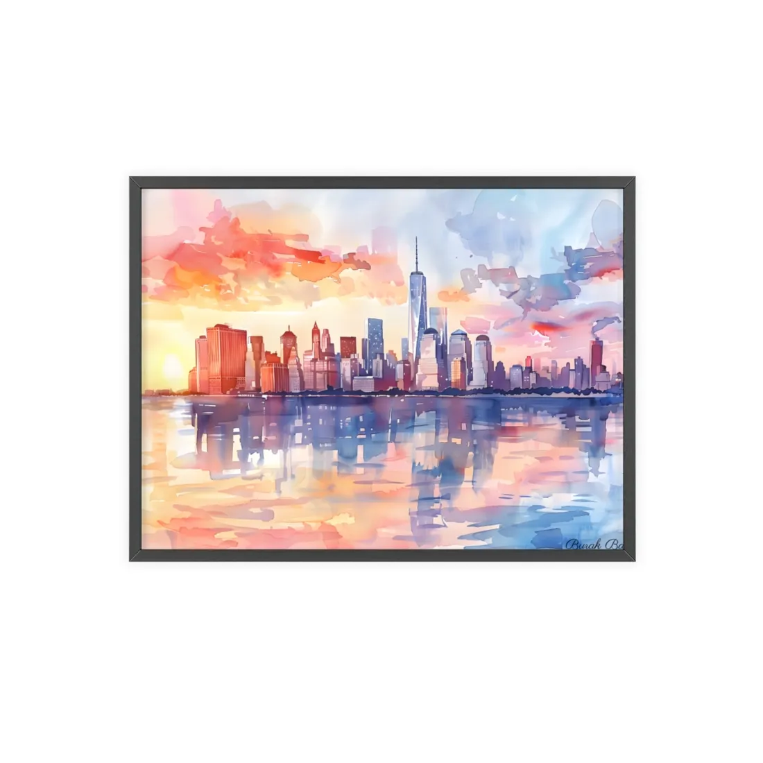 Watercolor NYC Sunset Skyline: Romantic Cityscape Art - Framed Poster