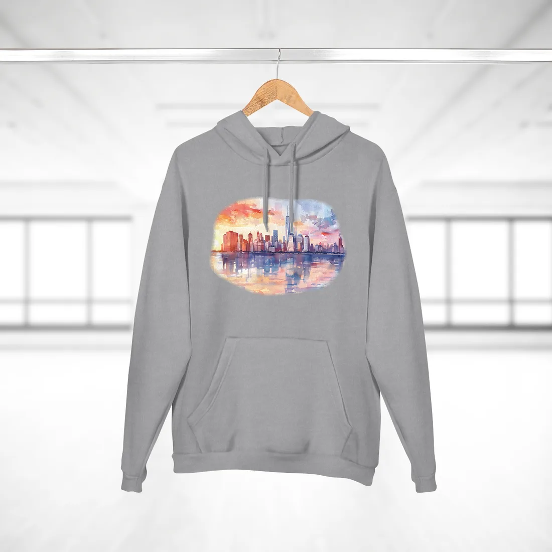 Watercolor NYC Sunset Skyline: Romantic Cityscape Art - Hoodie (Heather Grey)
