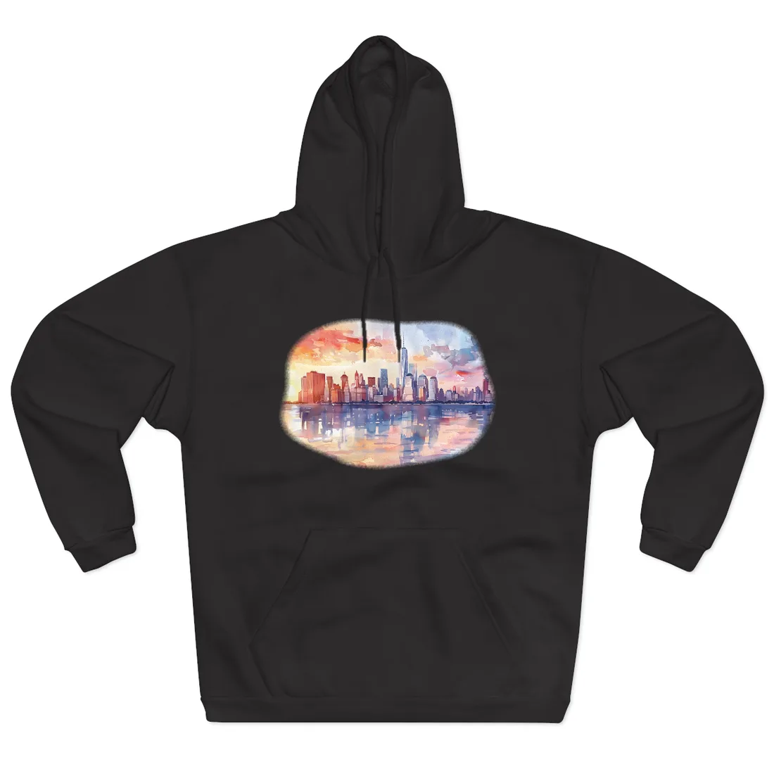 Watercolor NYC Sunset Skyline: Romantic Cityscape Art - Hoodie (Black)