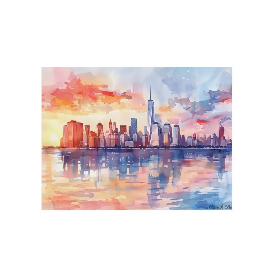 Watercolor NYC Sunset Skyline: Romantic Cityscape Art - Metal Poster