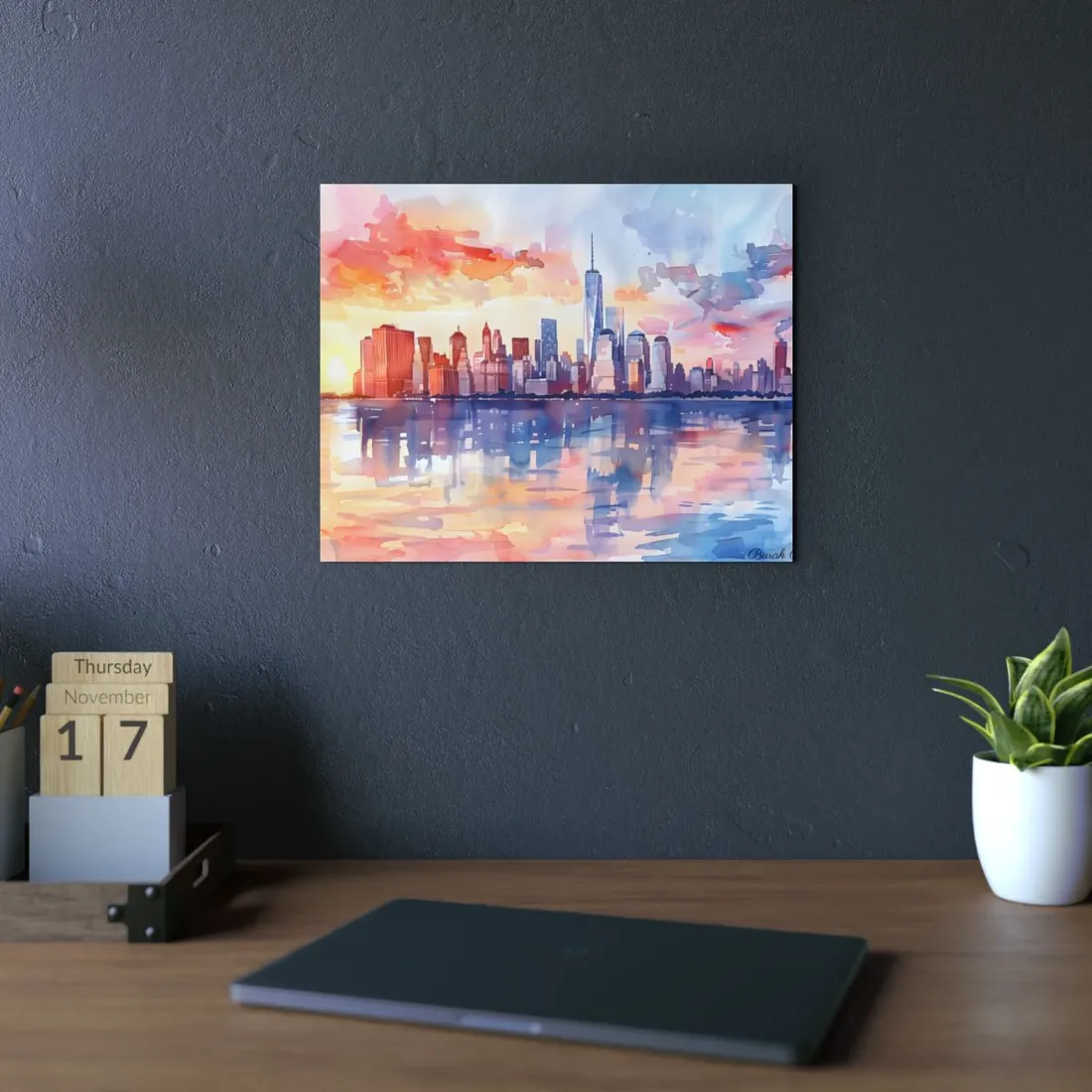 Watercolor NYC Sunset Skyline: Romantic Cityscape Art - Metal Poster