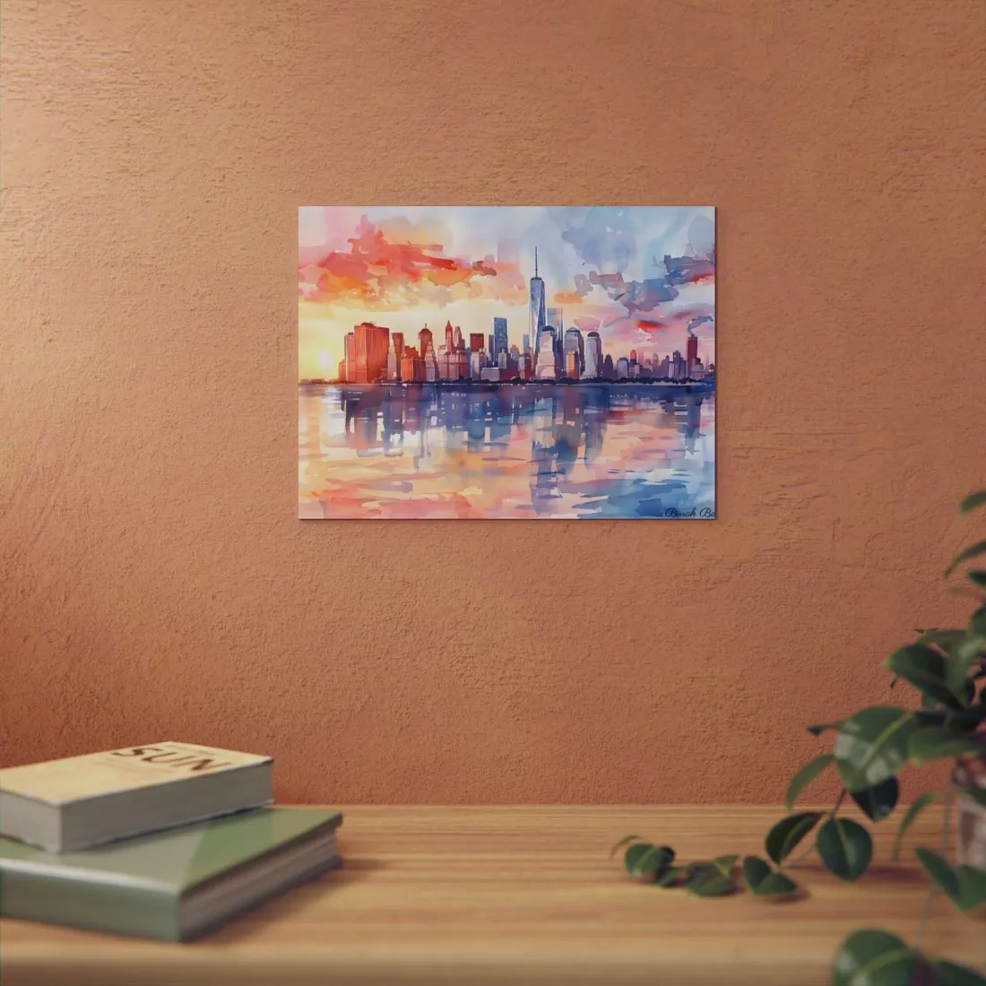 Watercolor NYC Sunset Skyline: Romantic Cityscape Art - Metal Poster