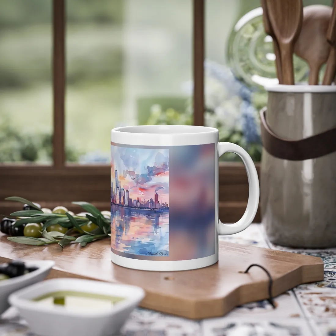 Watercolor NYC Sunset Skyline: Romantic Cityscape Art - Mug