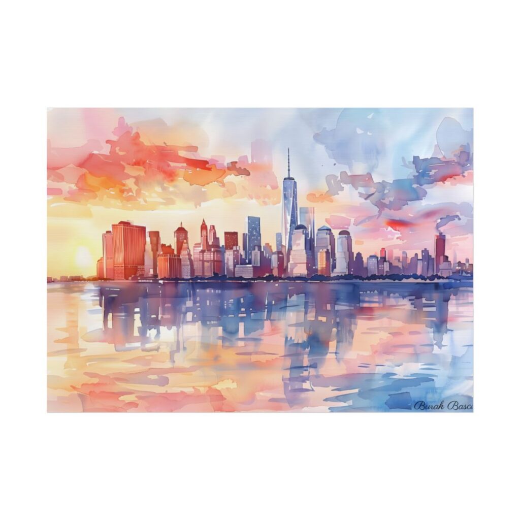 Watercolor NYC Sunset Skyline: Romantic Cityscape Art - Poster