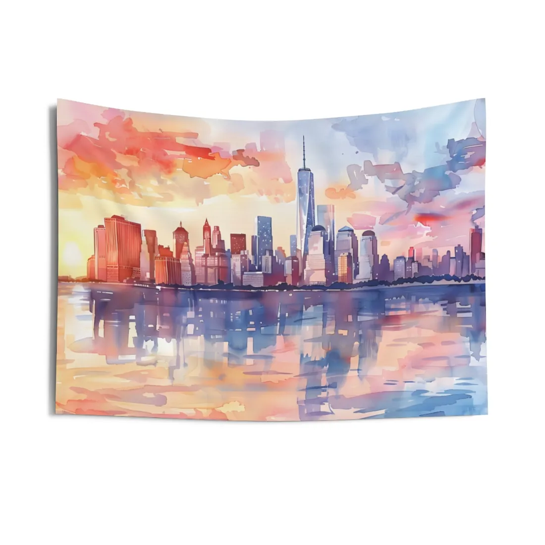 Watercolor NYC Sunset Skyline: Romantic Cityscape Art - Wall Tapestry