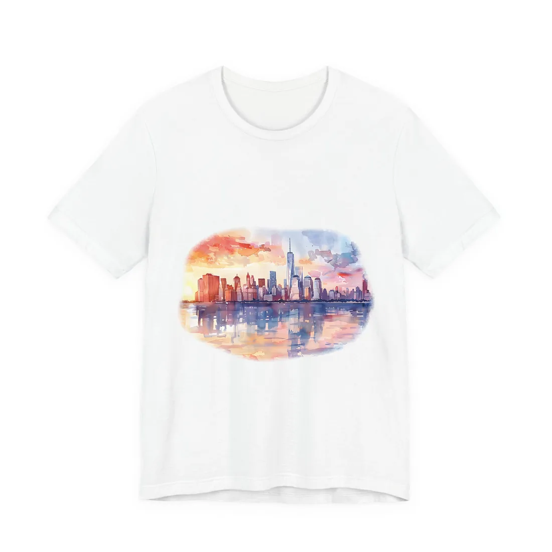 Watercolor NYC Sunset Skyline: Romantic Cityscape Art - T-Shirt (White)