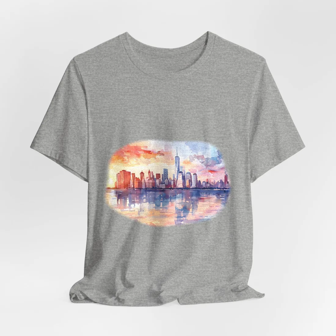 Watercolor NYC Sunset Skyline: Romantic Cityscape Art - T-Shirt (Athletic Heather)