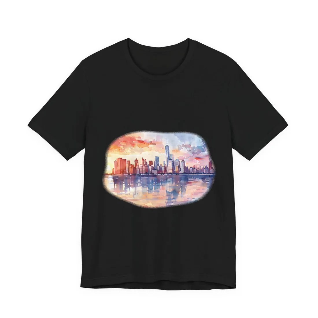 Watercolor NYC Sunset Skyline: Romantic Cityscape Art - T-Shirt (Black)