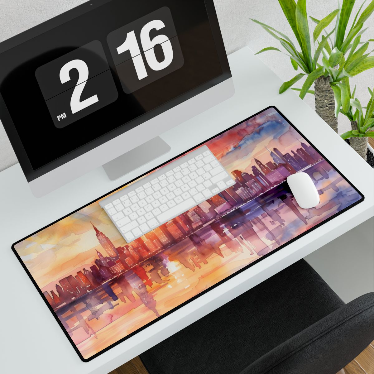 Watercolor Sunset New York City Skyline: Beautiful Artwork - Desk Mat