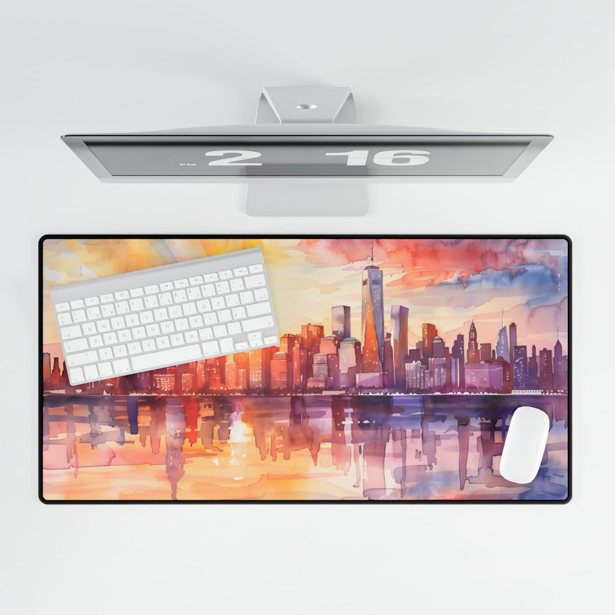 Watercolor Sunset New York City Skyline: Beautiful Artwork - Desk Mat