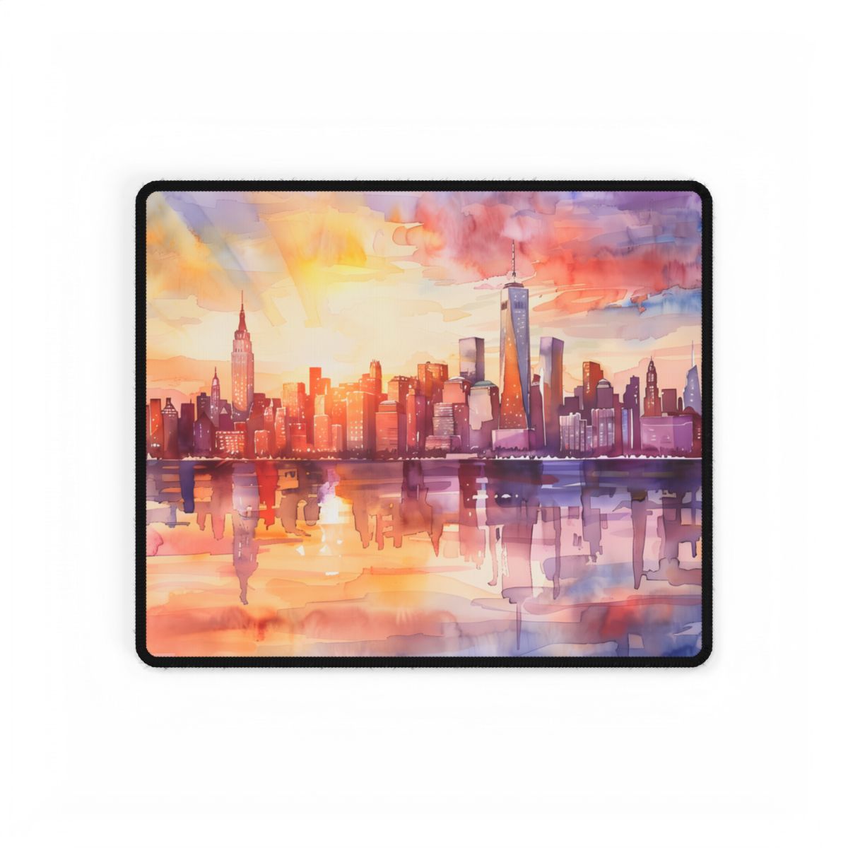 Watercolor Sunset New York City Skyline: Beautiful Artwork - Desk Mat