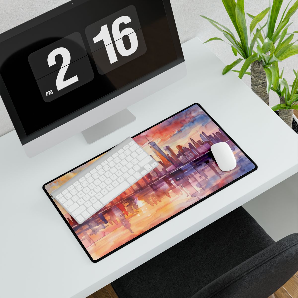 Watercolor Sunset New York City Skyline: Beautiful Artwork - Desk Mat