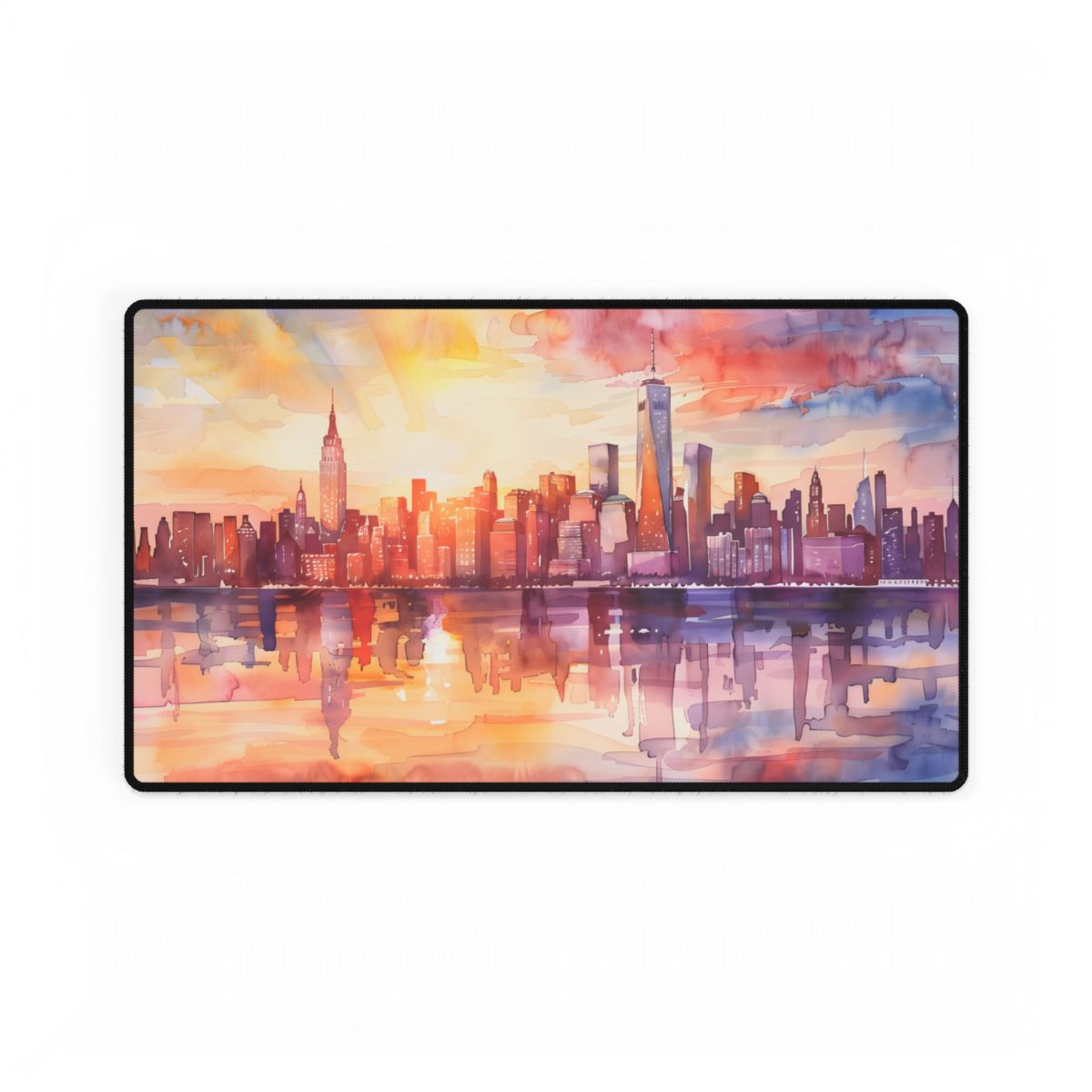 Watercolor Sunset New York City Skyline: Beautiful Artwork - Desk Mat