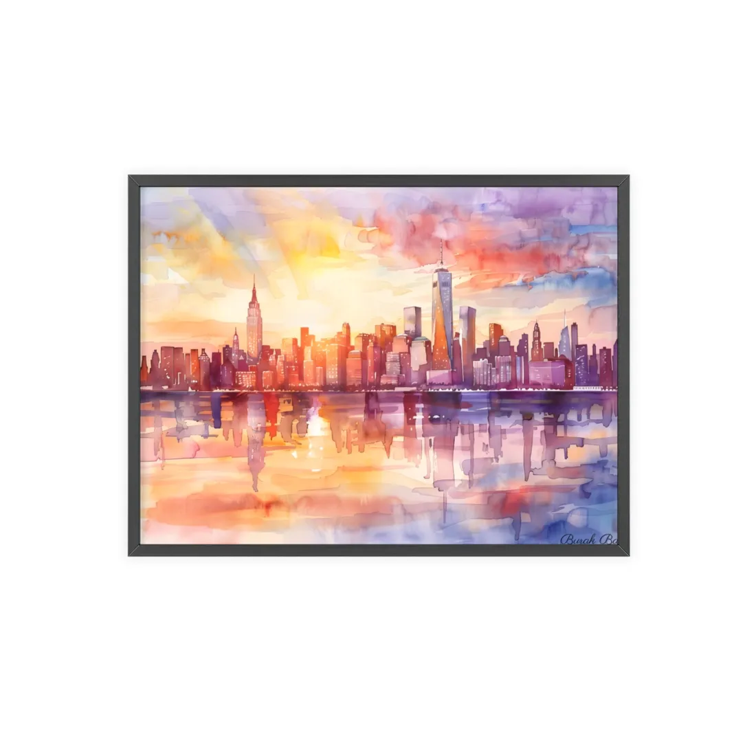 Watercolor Sunset New York City Skyline: Beautiful - Framed Poster