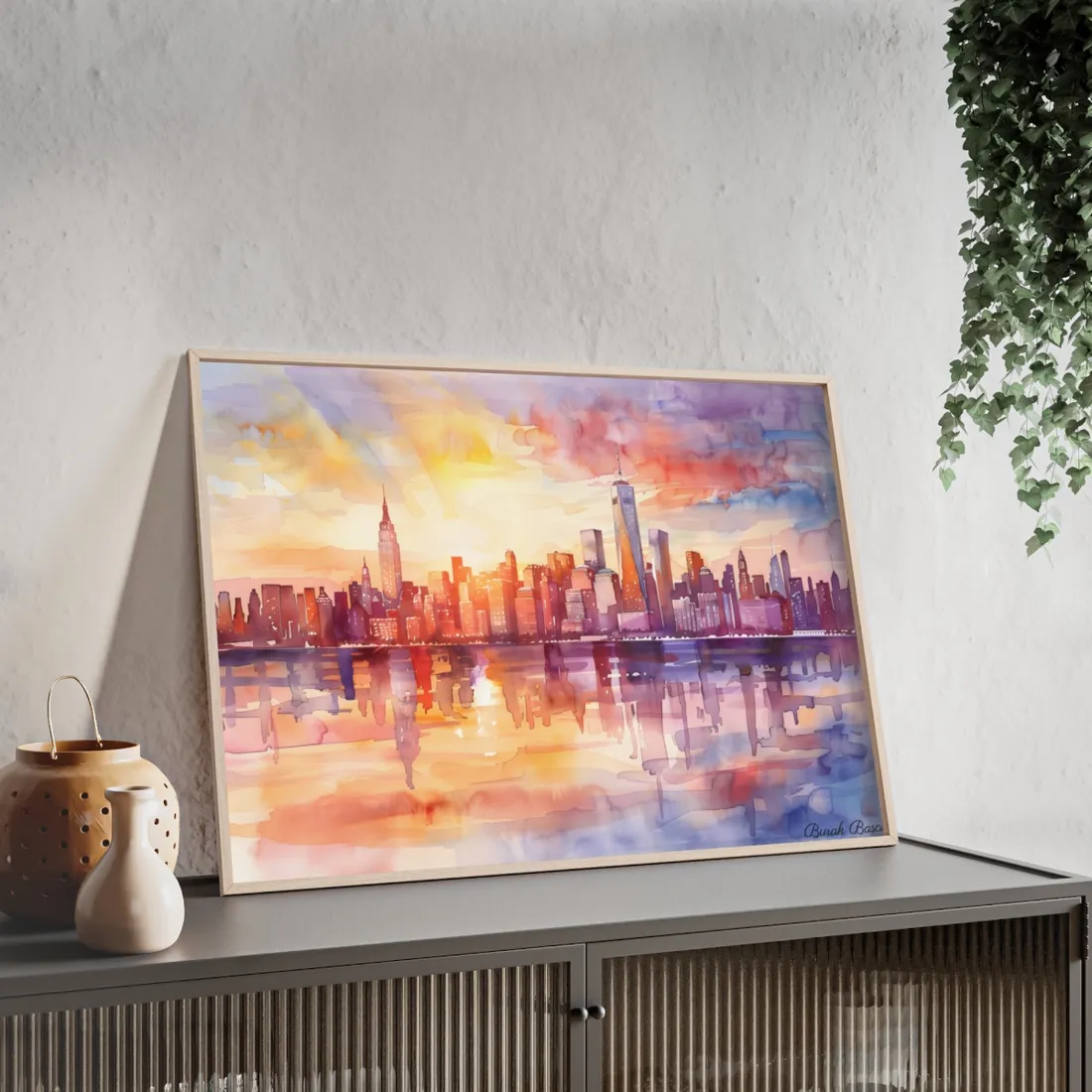 Watercolor Sunset New York City Skyline: Beautiful - Framed Poster