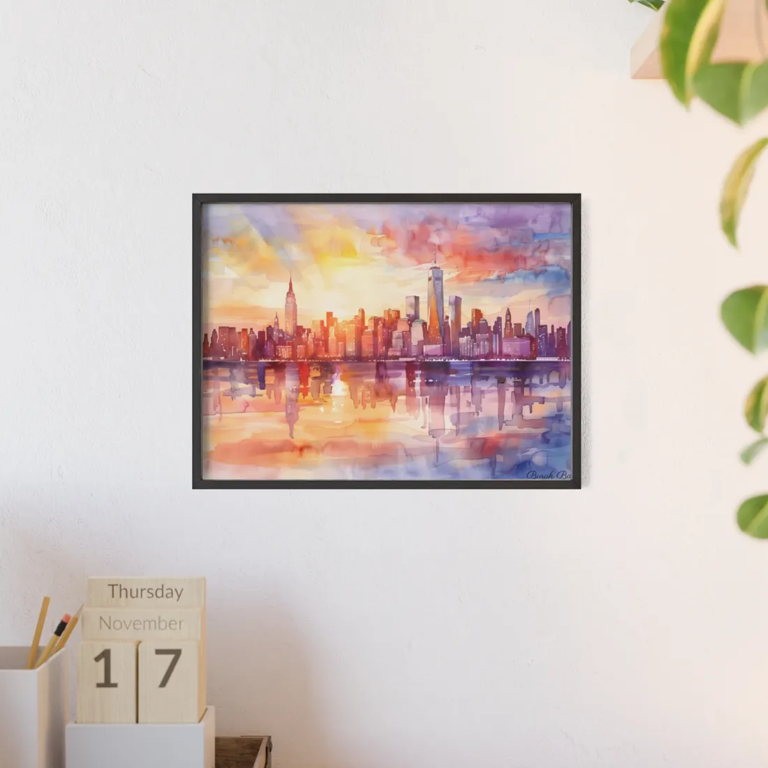 Watercolor Sunset New York City Skyline: Beautiful - Framed Poster