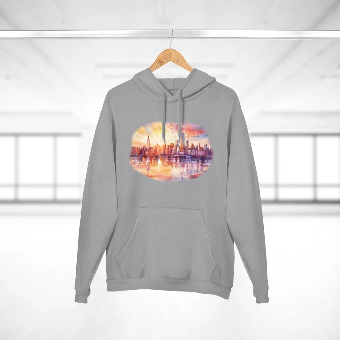 Watercolor Sunset New York City Skyline: Beautiful - Hoodie (Heather Grey)