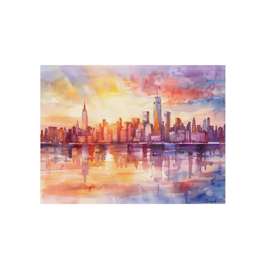 Watercolor Sunset New York City Skyline: Beautiful - Metal Poster
