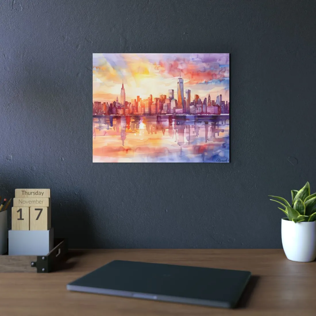 Watercolor Sunset New York City Skyline: Beautiful - Metal Poster