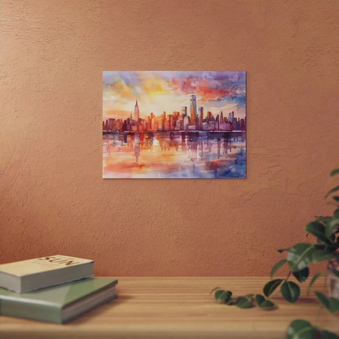 Watercolor Sunset New York City Skyline: Beautiful - Metal Poster