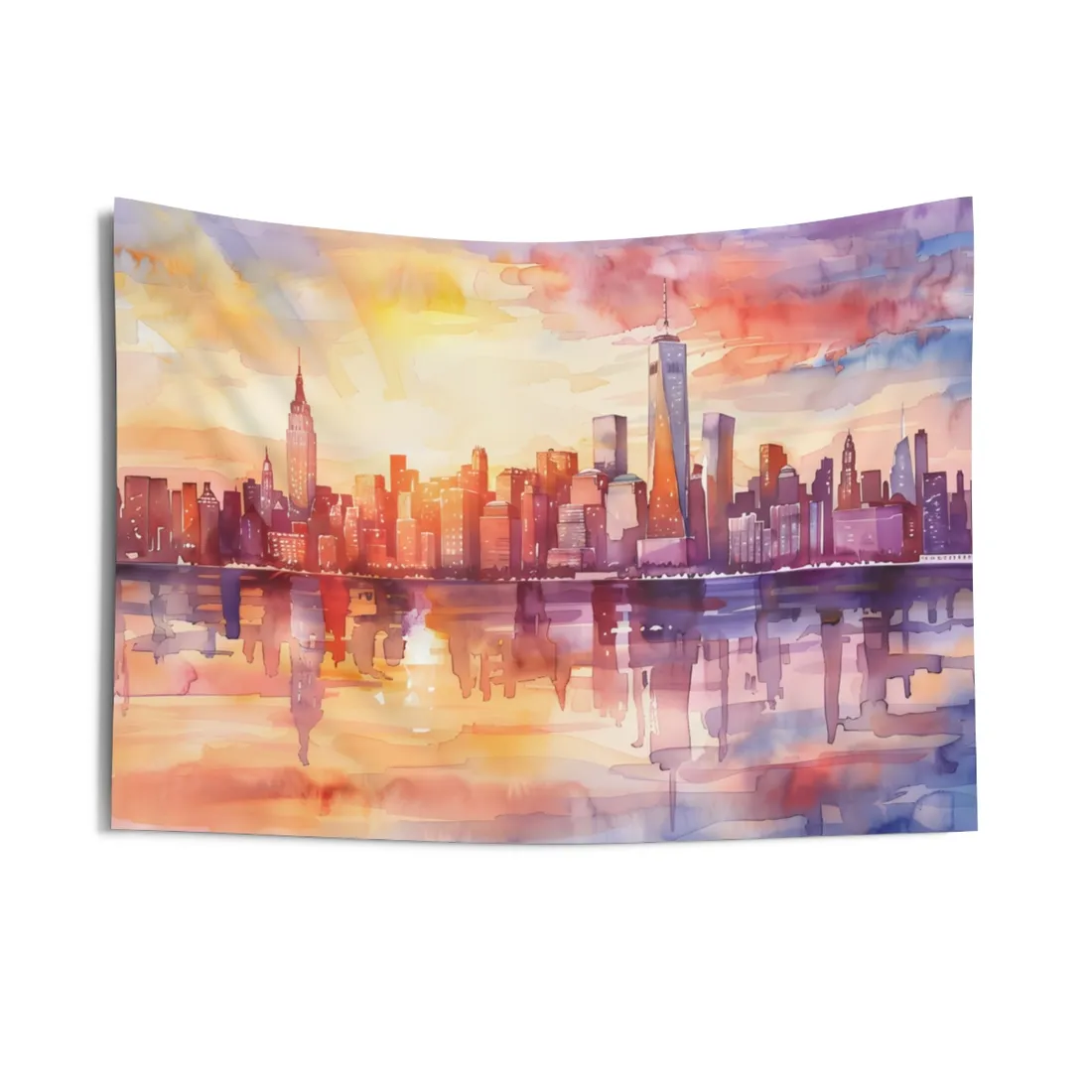 Watercolor Sunset New York City Skyline: Beautiful - Wall Tapestry