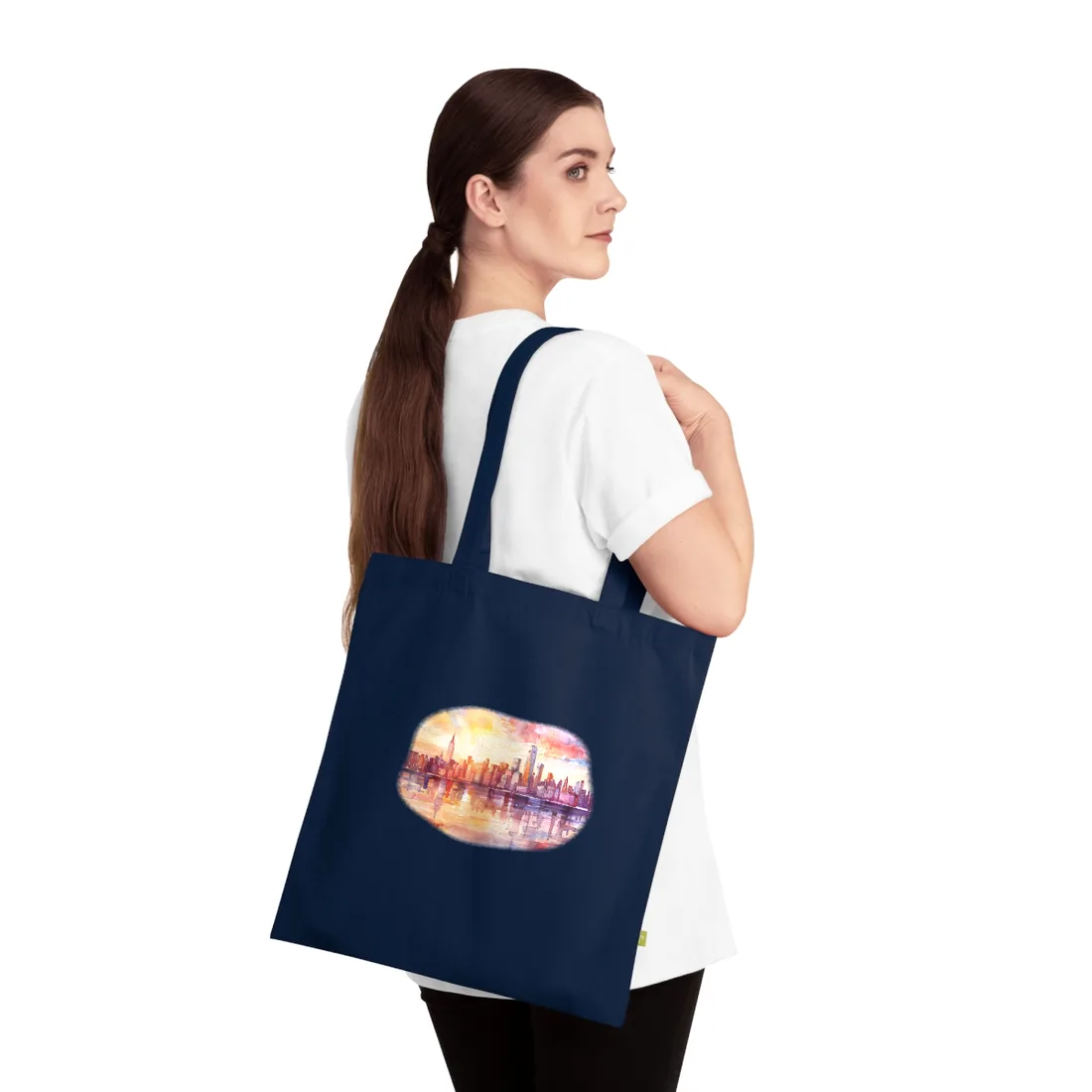 Watercolor Sunset New York City Skyline: Beautiful - Tote Bag (French Navy)