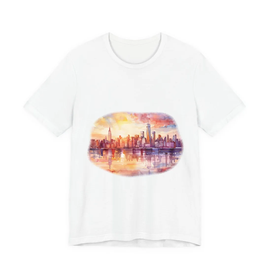 Watercolor Sunset New York City Skyline: Beautiful - T-Shirt (White)