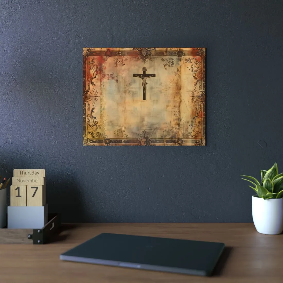 Weathered Parchment with Cross: Aged Paper Texture - Metal Poster