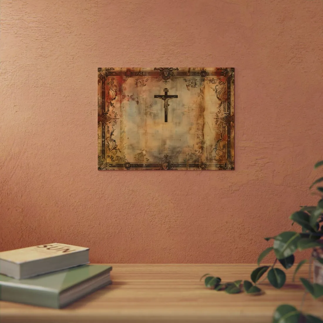 Weathered Parchment with Cross: Aged Paper Texture - Metal Poster