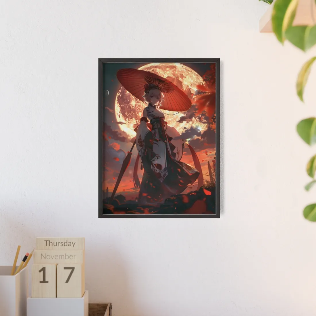 Whimsical Anime Winter: Girl with Umbrella - Framed Poster