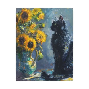 Black Cat with Sunflowers Canvas Print