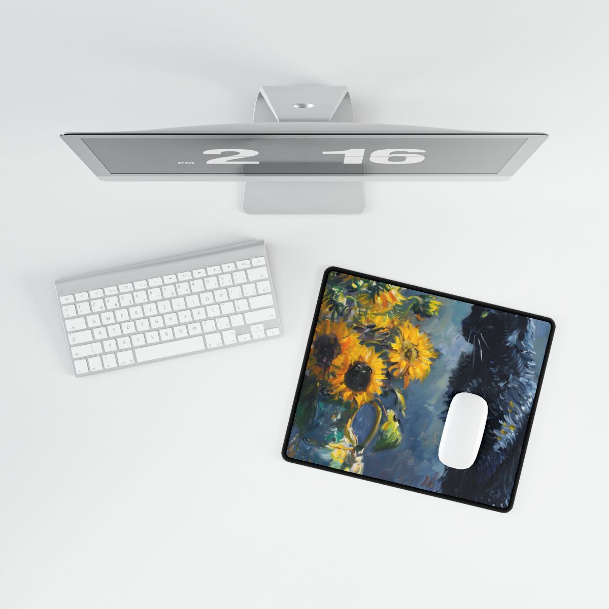 Whimsical Black Cat by Sunflowers: Serene Garden Art - Desk Mat