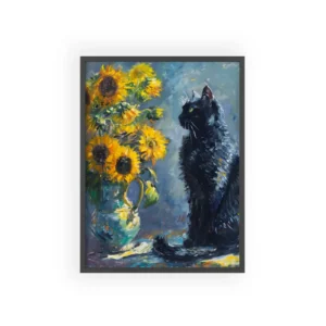 Black Cat with Sunflowers Framed Poster