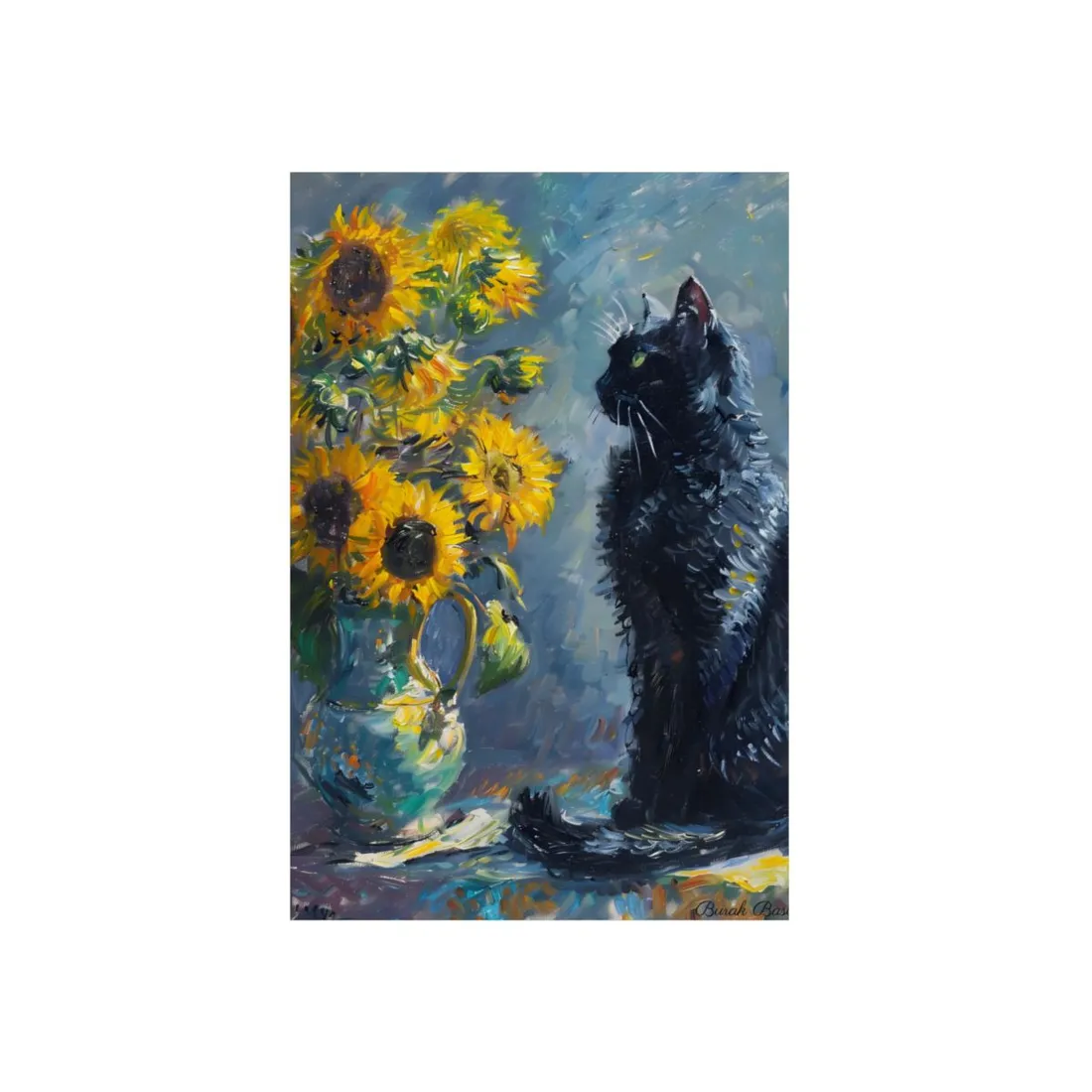 Whimsical Black Cat by Sunflowers: Serene Garden Art - Metal Poster